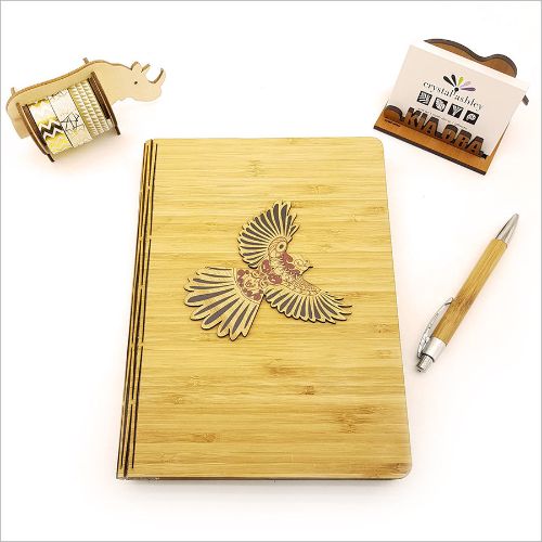 Eco-friendly Bamboo Journal with KWW Fantail print, 120 pages of smooth 110gsm cartridge paper for versatile writing and sketching.