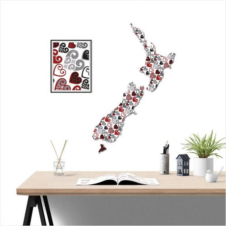 Large Kiwiana wall art featuring a NZ map with Koru Heart pattern, crafted from durable ACM, ideal for indoor or covered outdoor display.
