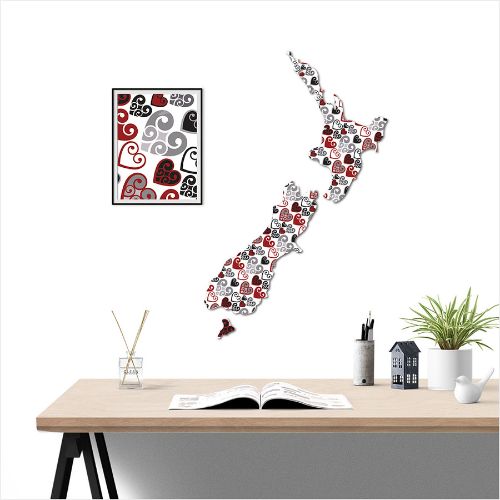 Large Kiwiana wall art featuring a NZ map with Koru Heart pattern, crafted from durable ACM, ideal for indoor or covered outdoor display.