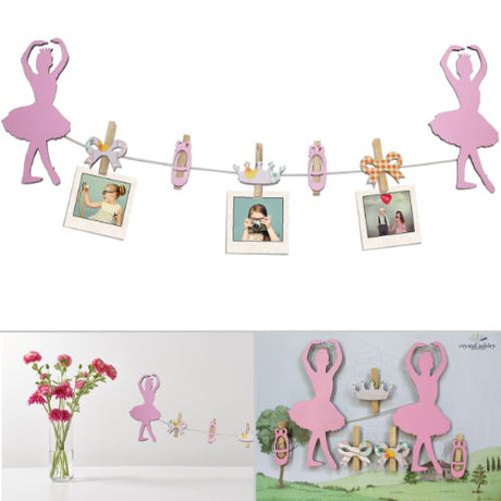 Ballerina Art Pegs featuring pink MDF pegs with ballerina designs and accessories, ideal for displaying kids' artwork.