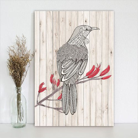 Large Kiwiana wall art featuring a vibrant Tui bird, printed on eco-friendly plywood, ready to hang.