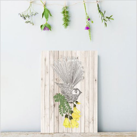 Kiwiana Wall Art featuring a fantail bird on lightweight plywood, 205mm x 288mm, ready to hang with eco-friendly inks.