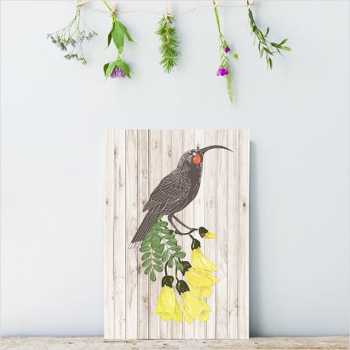 Kiwiana Wall Art featuring Huia design on lightweight plywood, 205mm x 288mm, pre-drilled for easy hanging.