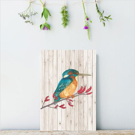 Kiwiana wall art featuring a colorful kingfisher on lightweight plywood, ready to hang and eco-friendly.