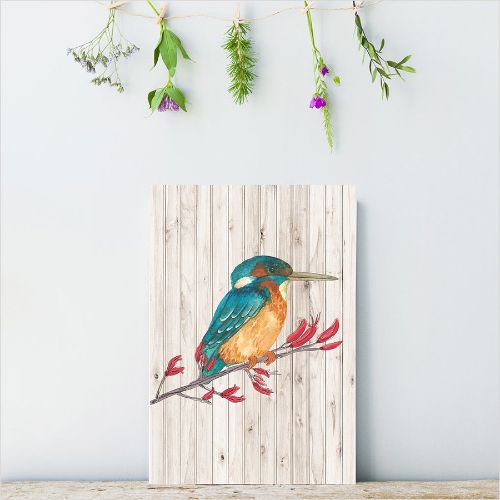Kiwiana wall art featuring a colorful kingfisher on lightweight plywood, ready to hang and eco-friendly.