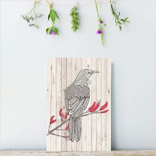 Kiwiana Wall Art featuring a Tui bird on 18mm plywood, ready to hang with eco-friendly certification, measuring 205mm x 288mm.