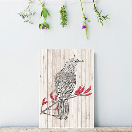Kiwiana Wall Art featuring a Tui bird on 18mm plywood, ready to hang with eco-friendly certification, measuring 205mm x 288mm.