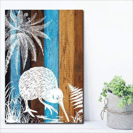 Kiwiana Wall Art featuring a large Kiwi bird printed on eco-friendly plywood, ideal for home decor measuring 288mm x 420mm.