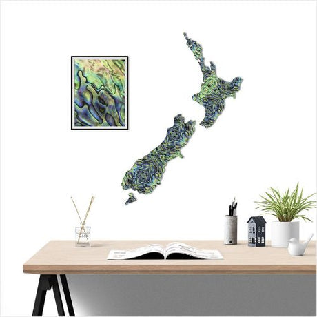 Large NZ map wall art in vibrant paua shell pattern, showcasing landmarks, made from durable aluminum composite material.