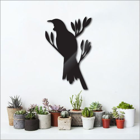 Large Kiwiana wall art featuring a tui bird on flax, crafted from durable Aluminium Composite Material, perfect for indoor or outdoor decor.