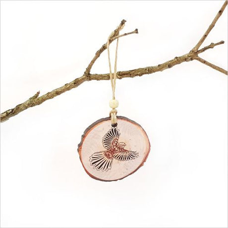 KWW Fantail Wood Slice Ornament featuring intricate laser-cut designs on premium wood veneer for unique holiday decor.