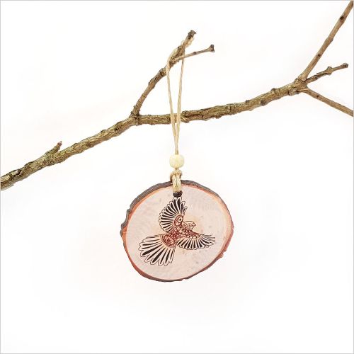 KWW Fantail Wood Slice Ornament featuring intricate laser-cut designs on premium wood veneer for unique holiday decor.