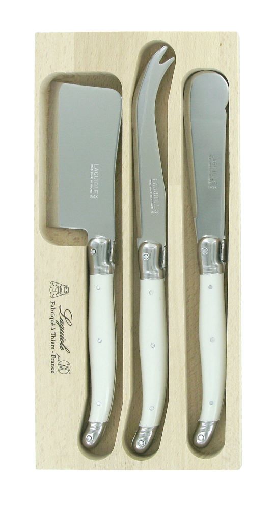Elegant Andre Verdier Laguiole cheese set with white resin handles and stainless steel blades, perfect for entertaining.