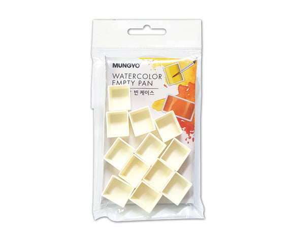 12-piece MUNGYO empty half pans for watercolor artists, made of durable ABS resin for palette organization and creativity.