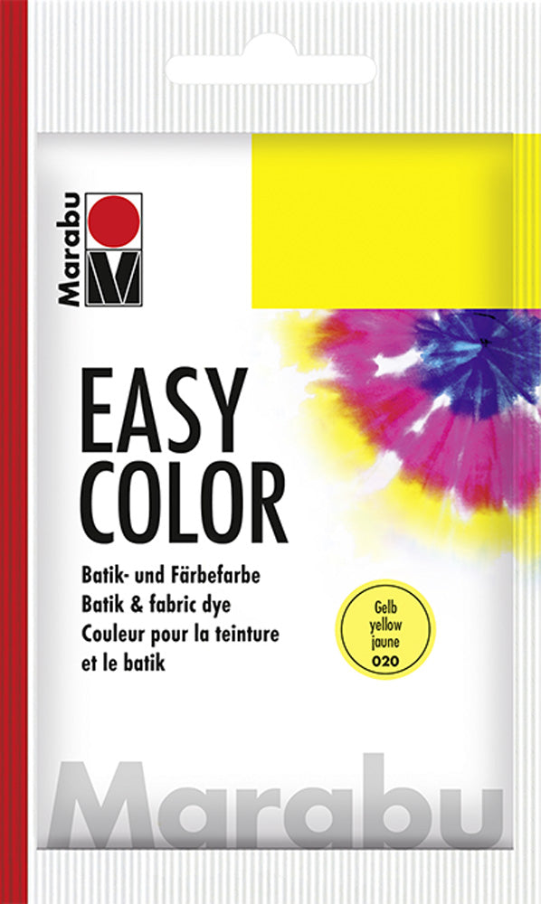 Vibrant 25g yellow fabric dye by MARABU, suitable for various textiles and DIY dyeing techniques.