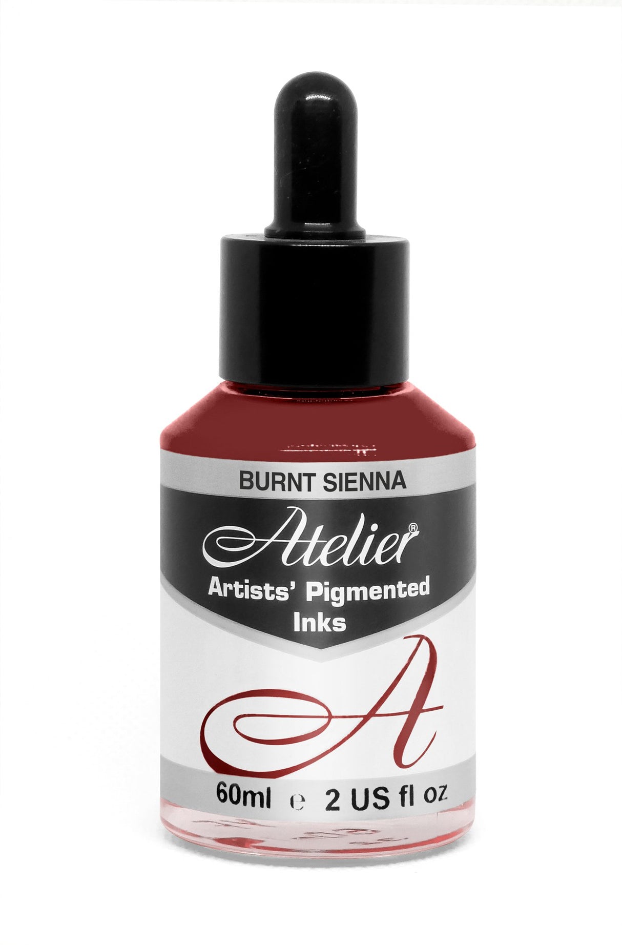 ATELIER INK 60ML Burnt Sienna: rich acrylic ink for vibrant art, ideal for washes and layers, includes glass pipette.