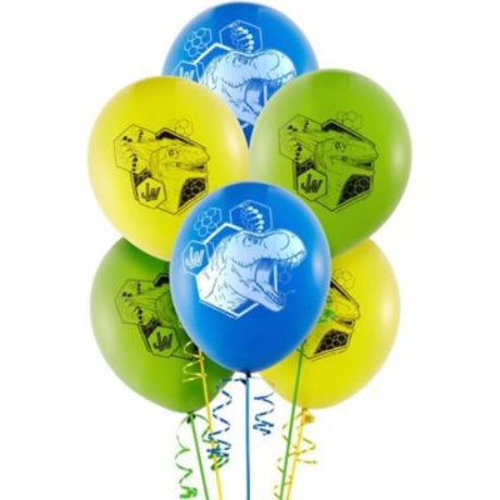 Pack of 6 vibrant Jurassic World latex balloons, perfect for dinosaur-themed parties and events.