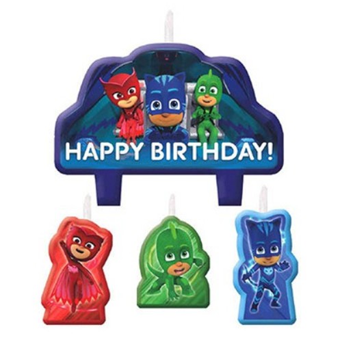 Colorful PJ Masks candle set featuring Catboy, Owlette, and Gekko, perfect for a superhero birthday celebration.