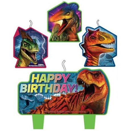 Jurassic World Candle Set featuring 4 colorful dino-themed candles for birthday celebrations.