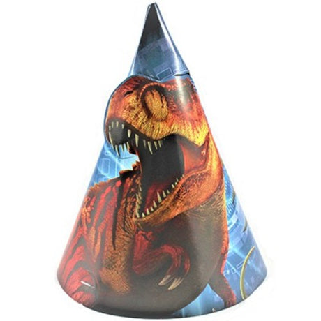 Pack of 8 Jurassic World cone hats with elastic straps, perfect for dinosaur-themed parties and celebrations.