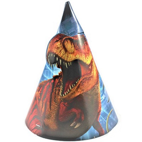 Pack of 8 Jurassic World cone hats with elastic straps, perfect for dinosaur-themed parties and celebrations.