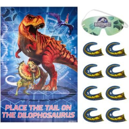 Jurassic World Party Game features a vibrant poster, colorful stickers, and a fun blindfold for thrilling dinosaur adventures.