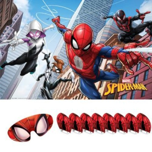 Spiderman Webbed Party Game features a colorful poster, stickers, and blindfold for fun, engaging play at kids' parties.
