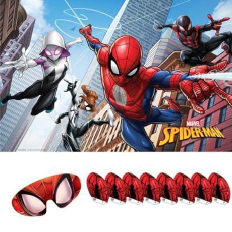 Spiderman Webbed Party Game features a colorful poster, stickers, and blindfold for fun, engaging play at kids' parties.