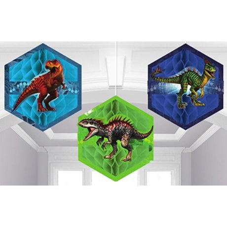Pack of 3 vibrant honeycomb decorations featuring dinosaurs, perfect for Jurassic-themed parties and easy to assemble.