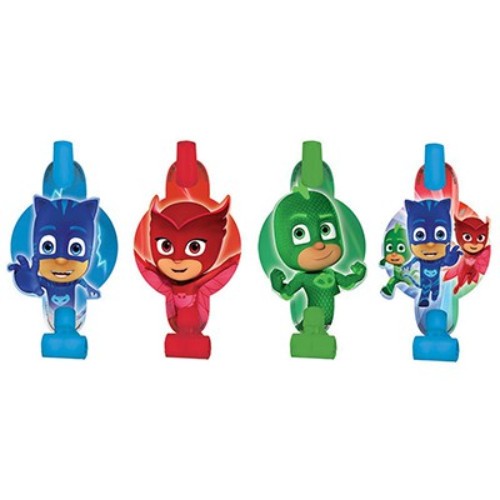 Colorful PJ Masks blowouts and medallions pack featuring Catboy, Owlette, and Gekko, perfect for kids' parties.