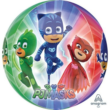 Clear Shape Orbz Balloon featuring PJ Masks characters, 38cm x 40cm, perfect for kids' birthday parties.