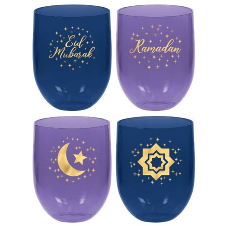 Set of 4 Eid Plastic Stemless Glasses, 449ml, shatterproof, reusable, stylish for celebrations and everyday use.