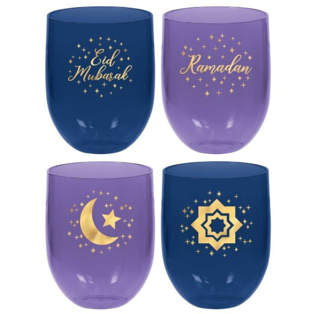 Set of 4 Eid Plastic Stemless Glasses, 449ml, shatterproof, reusable, stylish for celebrations and everyday use.
