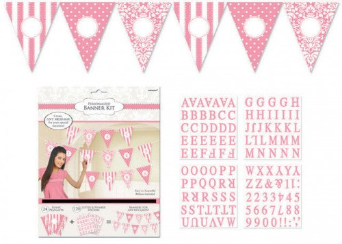 Pink personalized pennant banner pack of 24, perfect for customizing celebrations with letters and symbols.