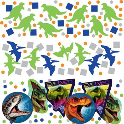 Vibrant Jurassic World confetti pack with colorful dinosaur designs, perfect for themed parties and celebrations.