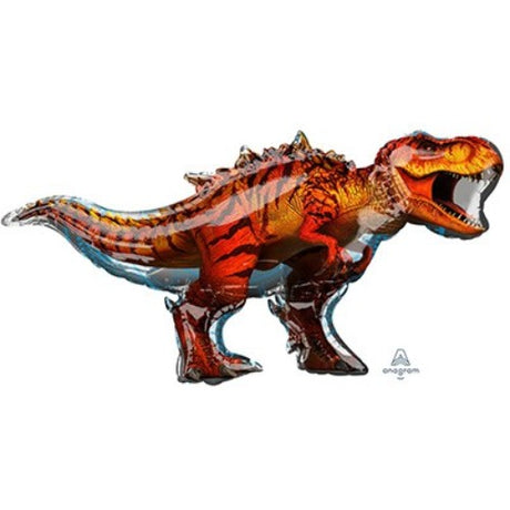Shiny 114cm T-Rex foil balloon, perfect for Jurassic-themed parties and celebrations, requiring helium to float.