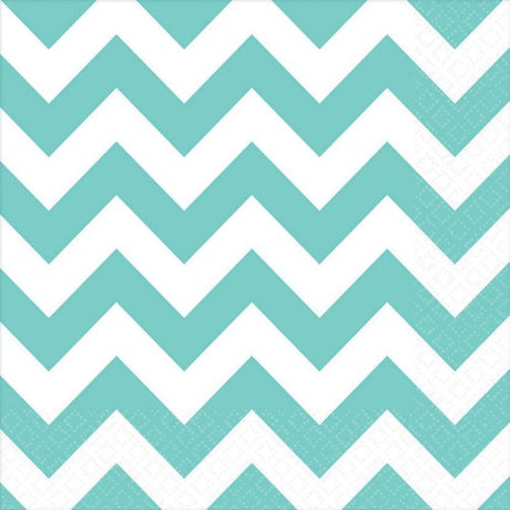 Pack of 16 Robin's-Egg Blue Chevron Lunch Napkins, 33cm x 33cm, stylish and absorbent for any dining occasion.