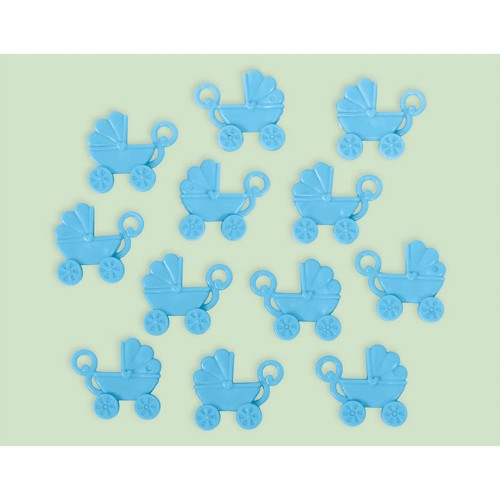 Pack of 12 blue baby carriage favours, perfect for baby showers or gender reveal parties, adding charm and keepsake appeal.