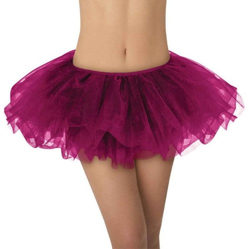Burgundy Tutu for adults, lightweight, durable, fits waists up to 28 1/2”, perfect for costumes and festive occasions.