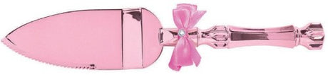 Pink electroplated cake server with bow and gem, 10 inches long, perfect for elegant serving.