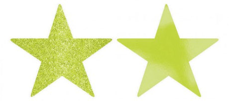 Pack of 5 kiwi-colored star cutouts with foil and glitter, each 5 inches, perfect for crafts and party decor.