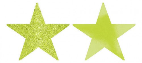 Pack of 5 kiwi-colored star cutouts with foil and glitter, each 5 inches, perfect for crafts and party decor.