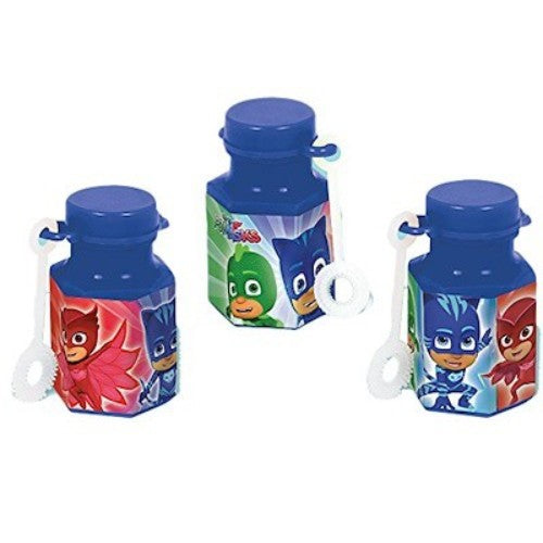 Pack of 12 PJ Masks mini bubble containers featuring Catboy, Owlette, and Gekko for endless bubble-blowing fun.