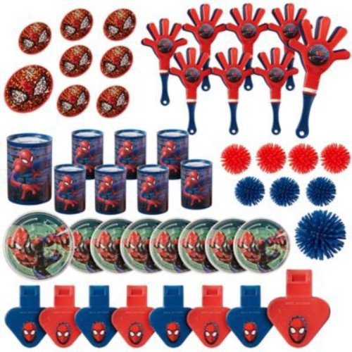 Spiderman-themed party favor pack with 48 pieces including mini viewers, wooly balls, and more for kids' entertainment.