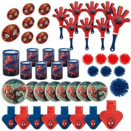 Spiderman-themed party favor pack with 48 pieces including mini viewers, wooly balls, and more for kids' entertainment.