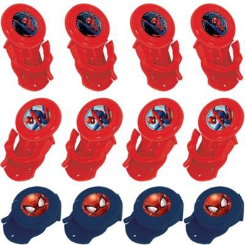 Pack of 12 Spiderman Webbed Disc Shooters in assorted designs, perfect for super fun party favors and playtime adventures.