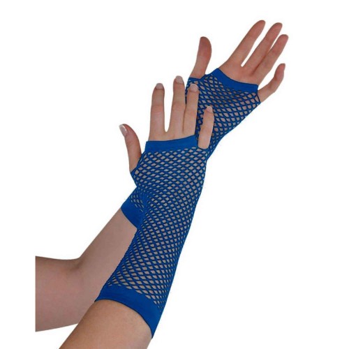 Long navy fishnet gloves for adults, perfect for edgy elegance at parties, costumes, and themed events.