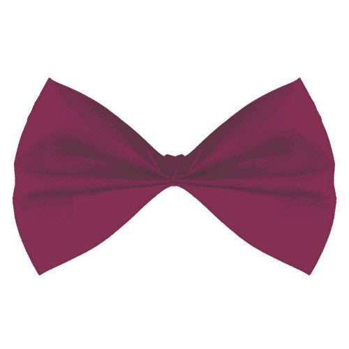 Burgundy bowtie for adults, 3.25” x 6”, made of 100% polyester with attached elastic for a secure fit.