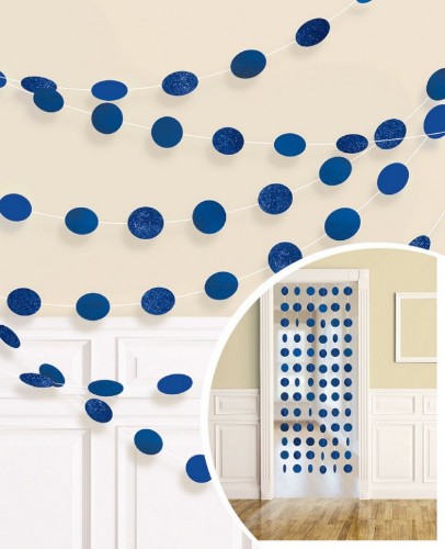 Pack of 6 glittery round string decorations in bright royal blue, 7 feet long, perfect for elegant party decor.