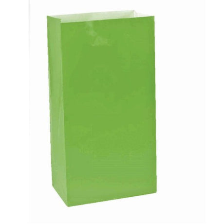 Pack of 12 large kiwi-themed paper bags, eco-friendly, perfect for shopping or gifting, measuring 10" x 5".